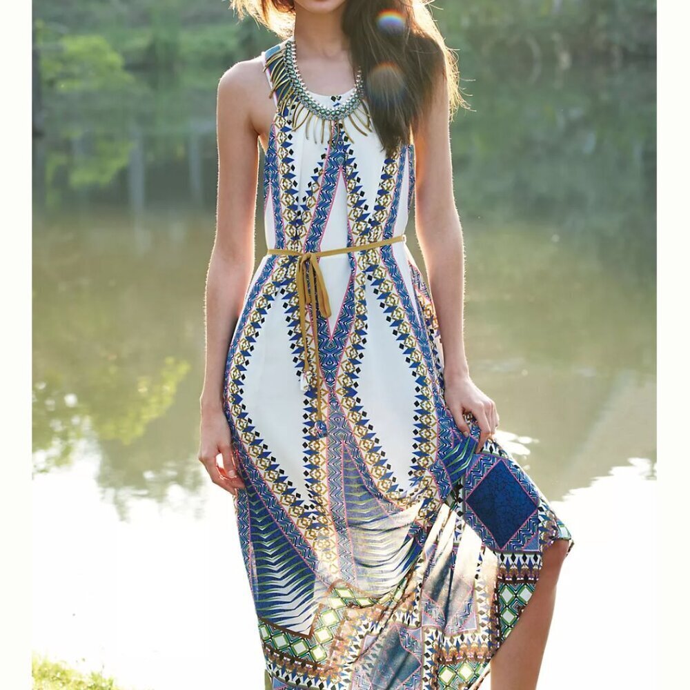 Anthropologie Maeve Pakpao Maxi Dress Size 0 Boho Geo Deco Feminine Chic Flowy